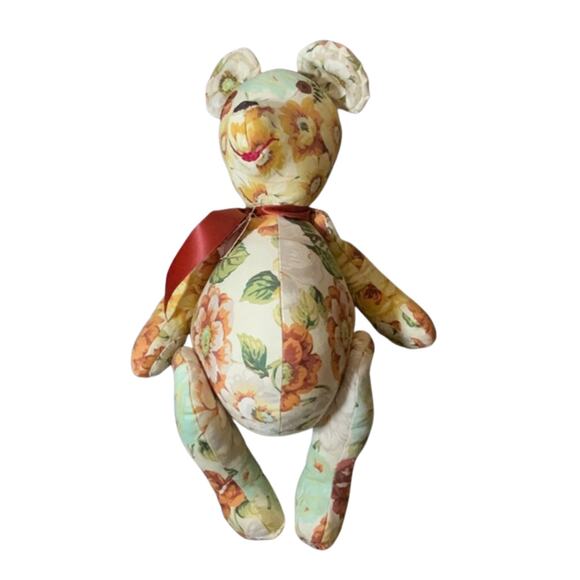 Vintage Handmade Teddy Bear with Button Eyes and Floral Design USED - Picture 2 of 3